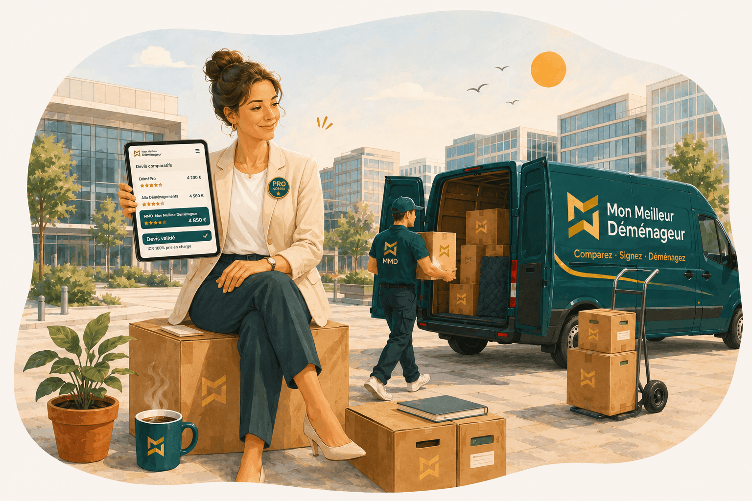 Dirigeante d'entreprise comparant des devis de transfert de bureaux sur l'application Mon Meilleur Déménageur, assise sur des cartons MMD (Mon Meilleur Déménageur), avec en arrière-plan un camion Mon Meilleur Déménageur teal et un déménageur professionnel chargeant des archives devant des immeubles de bureaux modernes ensoleillés.