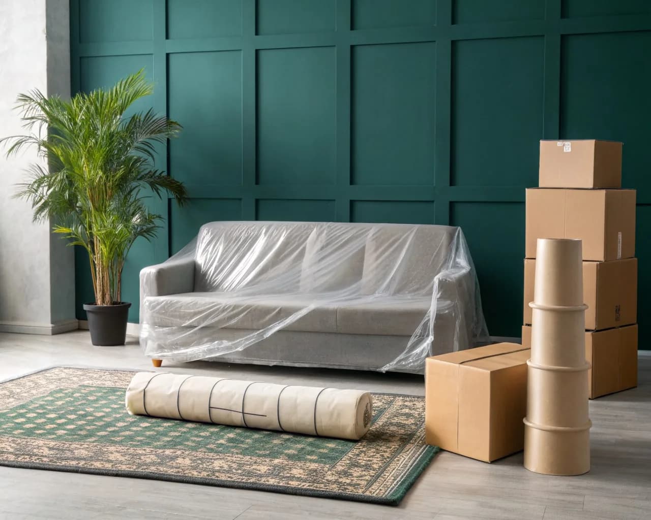Un canapé protégé par un film, des cartons et un tapis roulé, prêts pour un déménagement