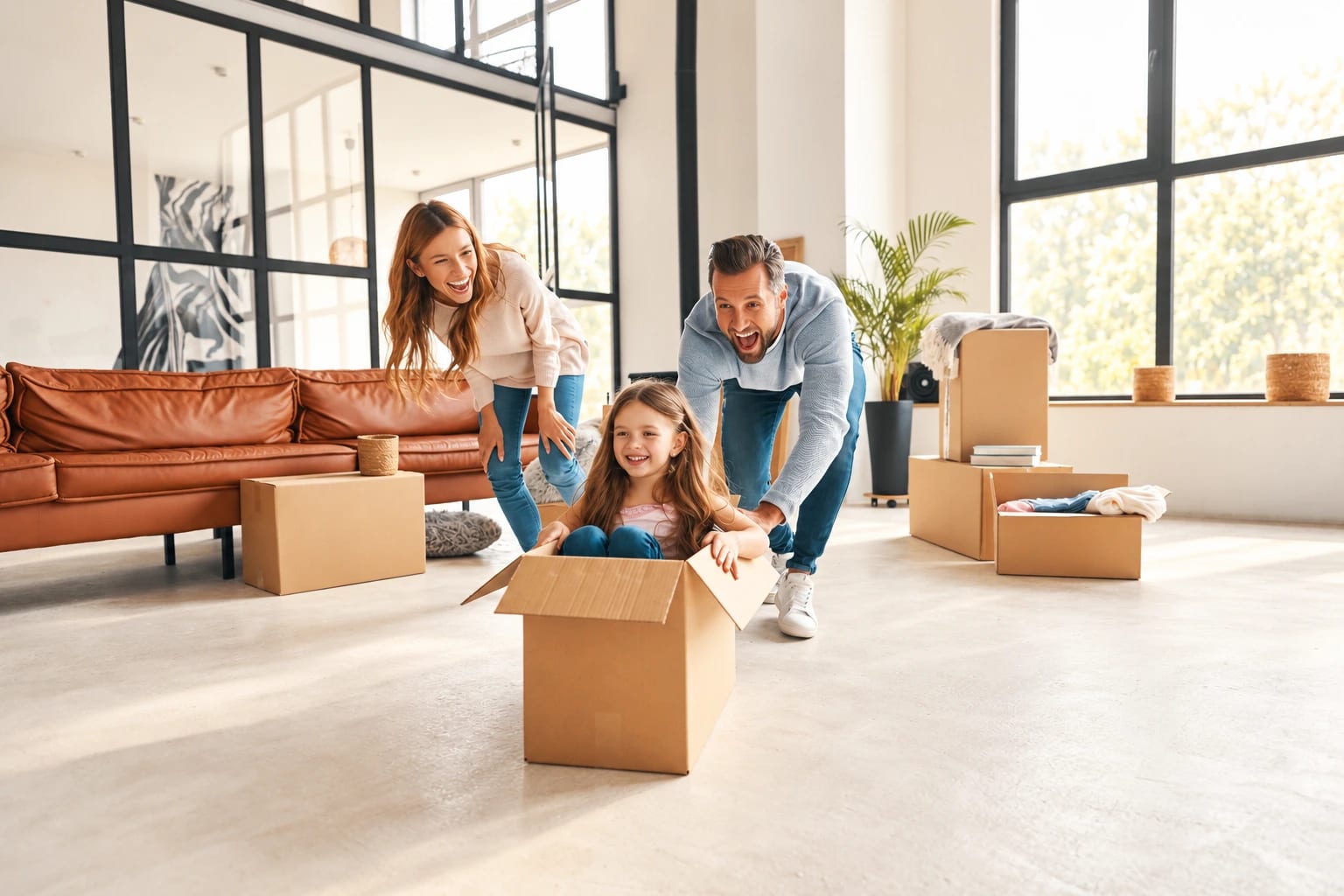 Une famille emménage dans son nouveau logement, entourée de cartons de déménagement.