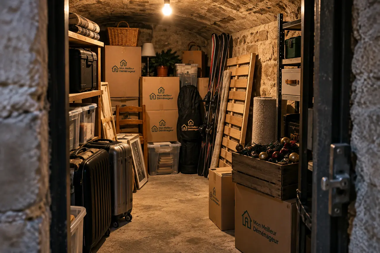 Cave remplie de cartons, valises, skis et meubles à déménager pour estimer le volume d’un déménagement.