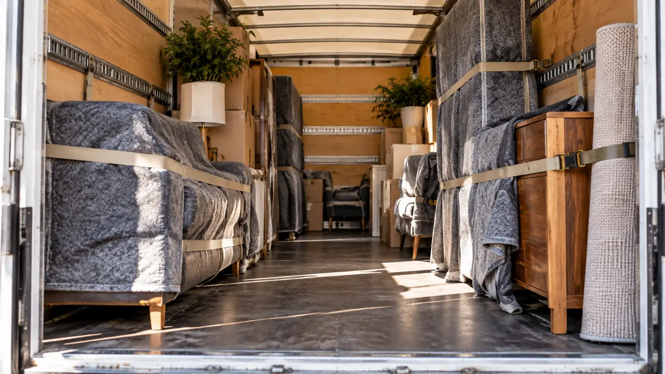 Intérieur d’un camion de déménagement avec meubles protégés par des couvertures et maintenus par des sangles de transport.