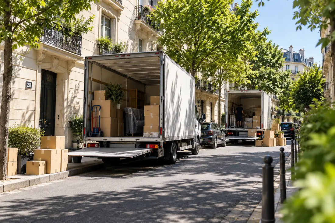 Deux camions de déménagement devant des immeubles résidentiels en France pendant la haute saison estivale.