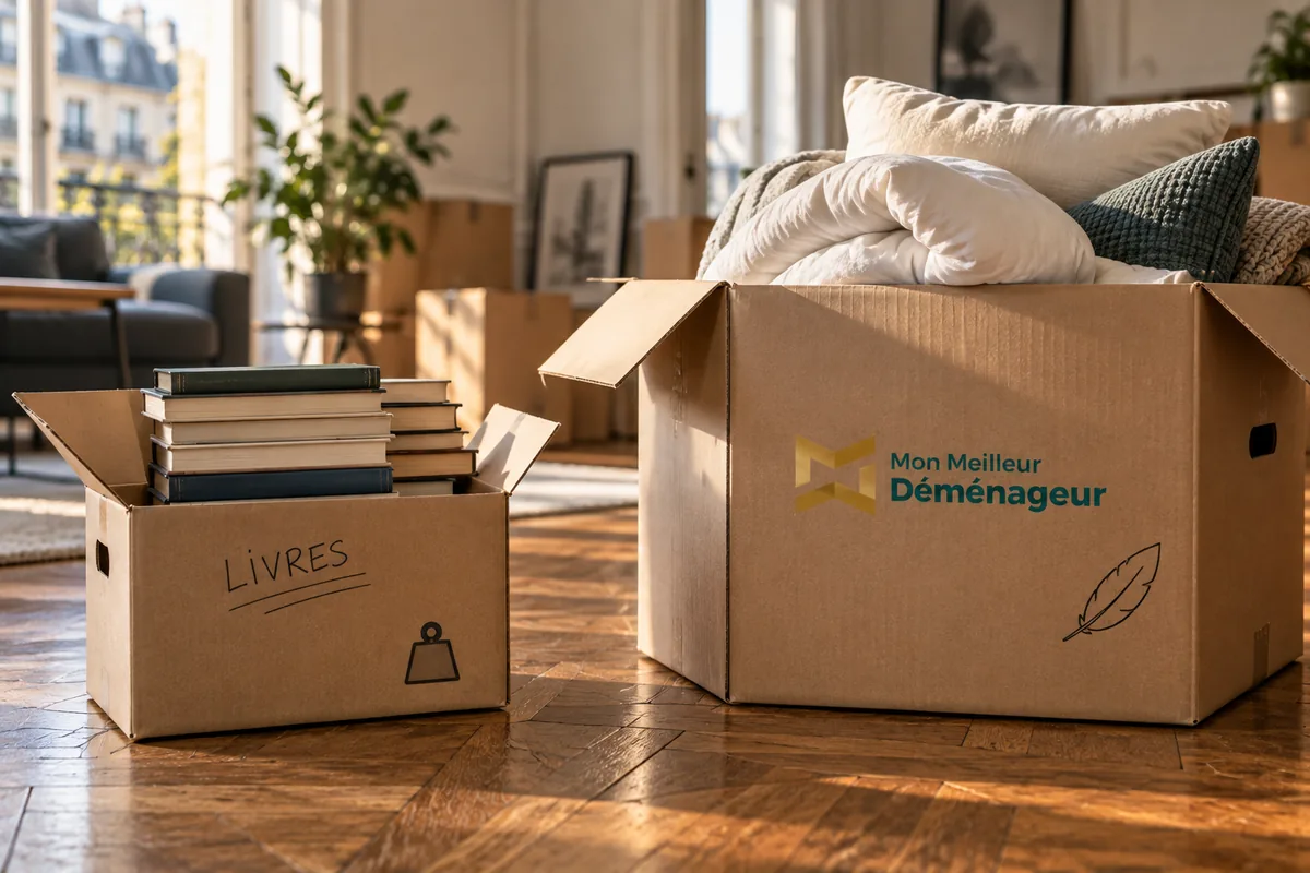 Petit carton rempli de livres lourds à côté d’un grand carton contenant des couettes et coussins légers lors d’un déménagement.