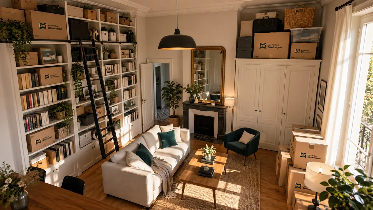 Salon avec bibliothèque jusqu’au plafond, cartons et rangements en hauteur à prendre en compte pour estimer le volume d’un déménagement.