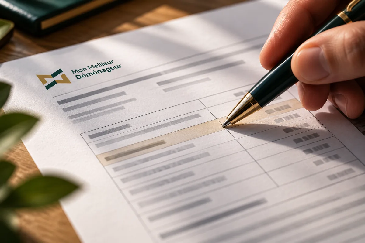 Détail des conditions financières d’un devis de déménagement vérifié au stylo avant signature.