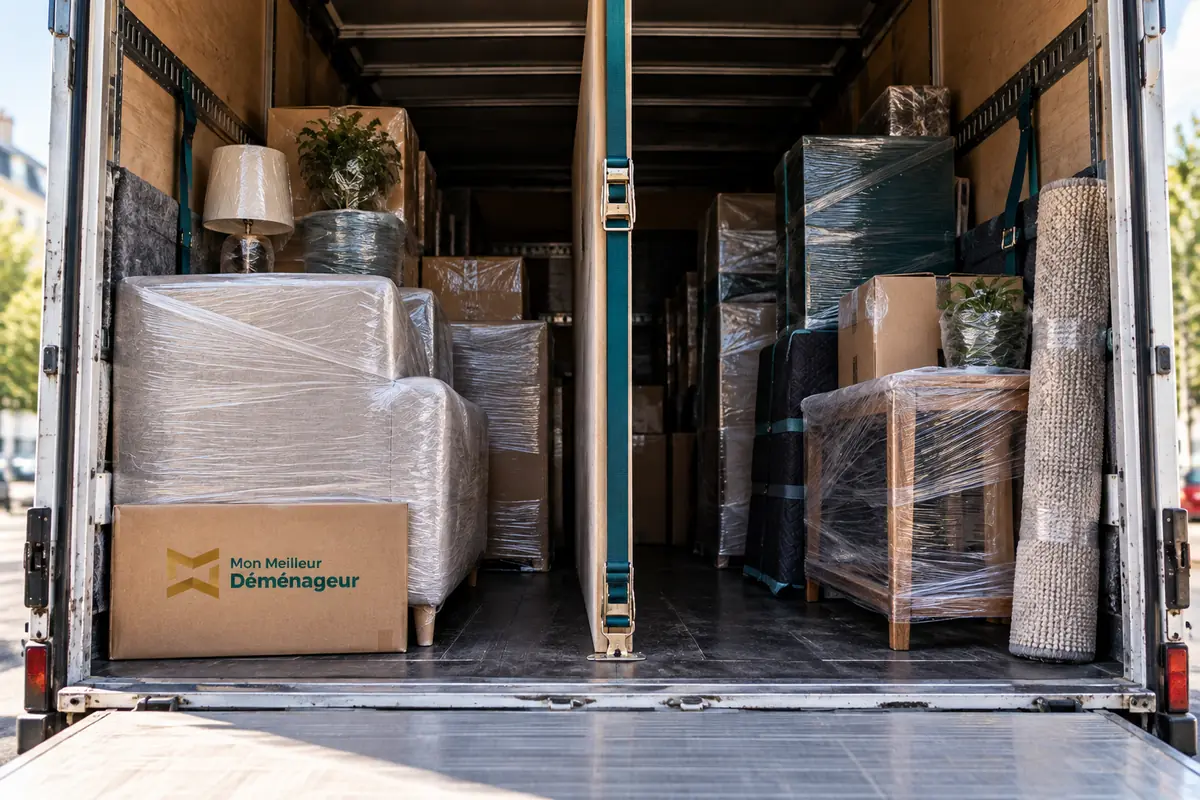 Deux lots de mobilier séparés et protégés dans un camion de déménagement pour éviter leur mélange pendant le transport.